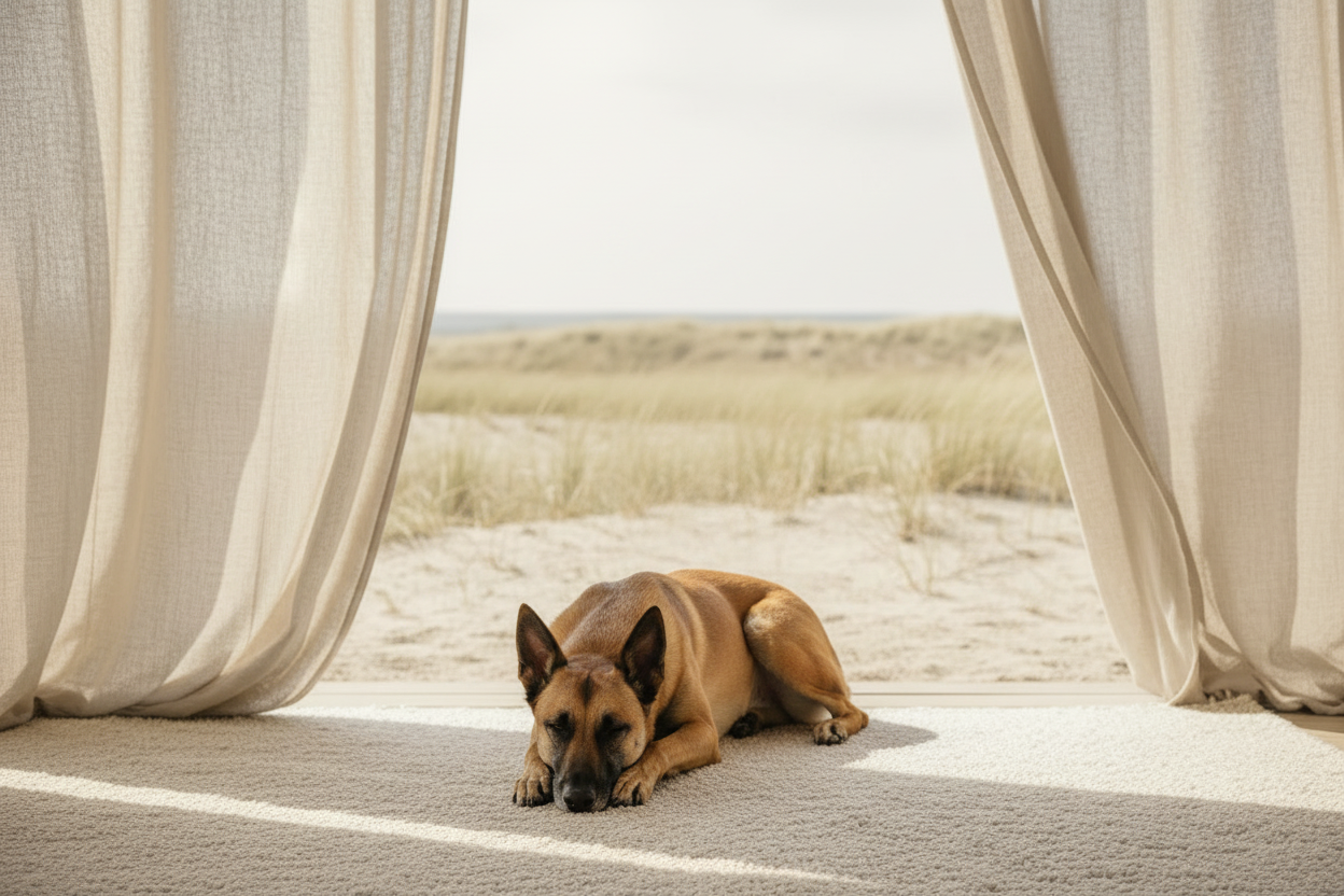 Malinois couché avec rideaux beiges